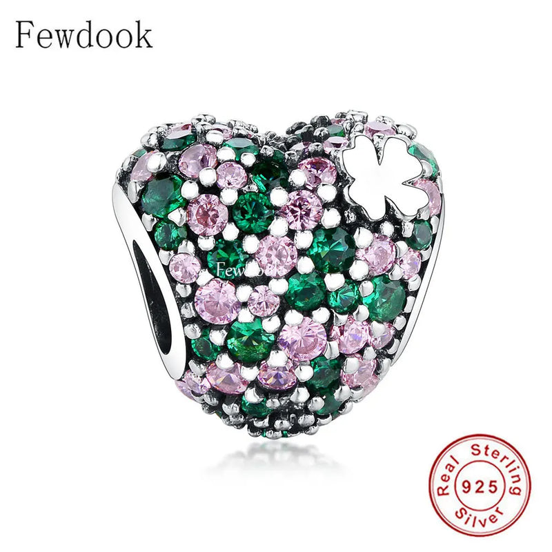 925 Silver Four Leaf Clover Green Zircon Charm Bracelet Bead