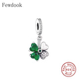 925 Silver Four Leaf Clover Green Zircon Charm Bracelet Bead