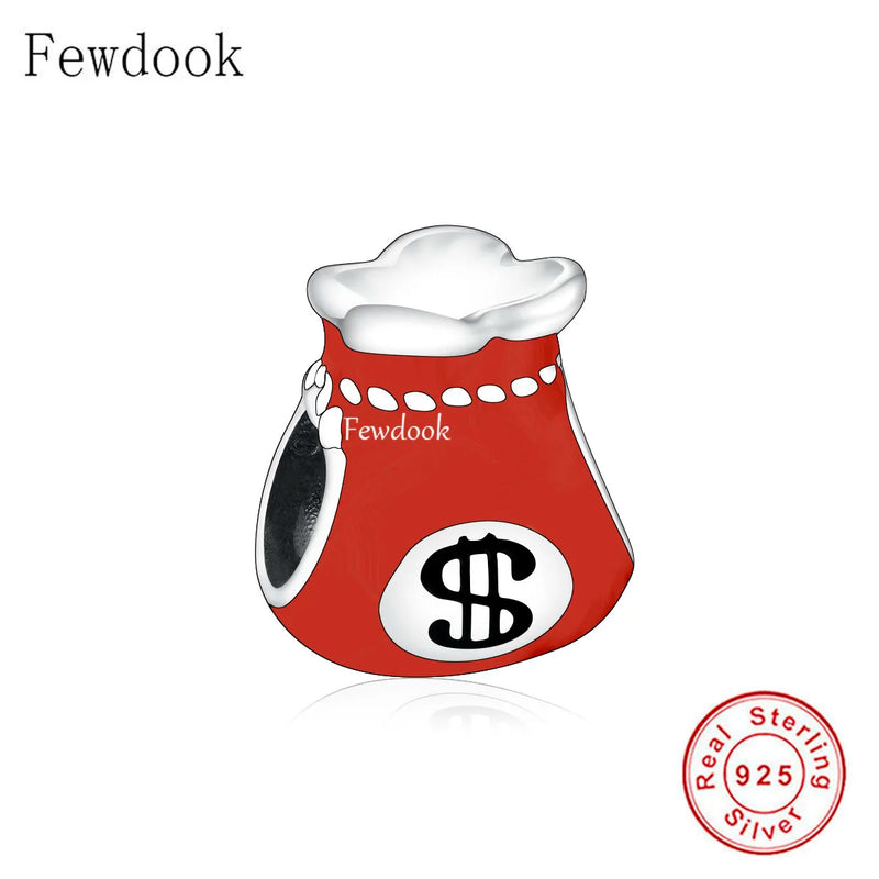 925 Silver Good Luck Red Enamel Money Purses Bead for Women