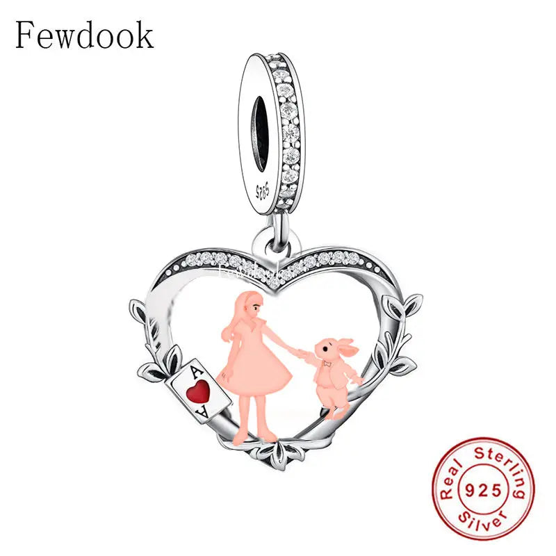925 Sterling Silver Heart Land Poker Girl And Rabbit Hand In Hand Bead