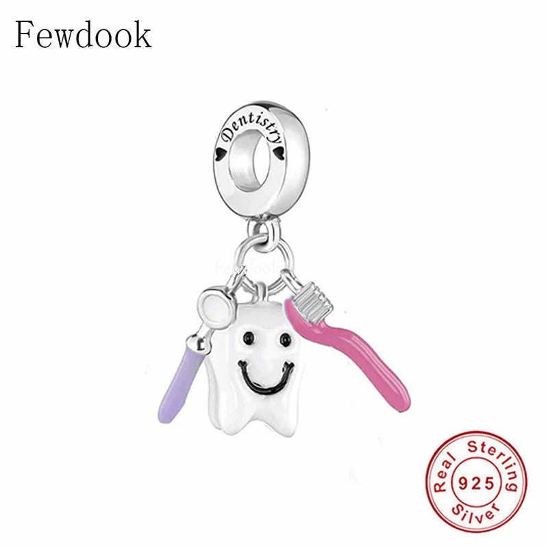 925 Sterling Silver Dentistry Toothbrush Tooth Charm Bracelet Bead
