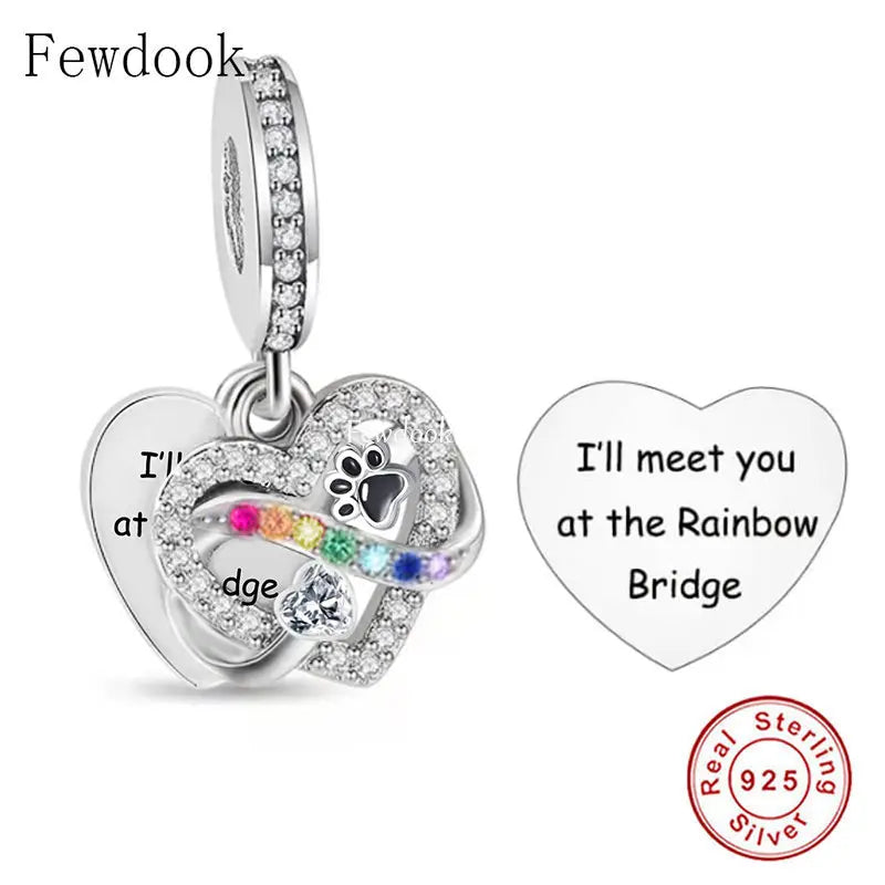 925 Silver Paw Heart Rainbow Bridge Charm Bracelet Bead