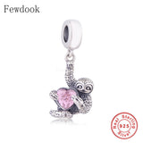 925 Sterling Silver Sloth Monkey Pink Heart Zircon Charm Bracelet Bead