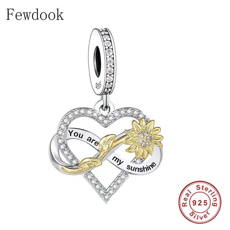 925 Silver You Are My Sunshine Sunflower & Infinity Heart Charm Bracelet Bead
