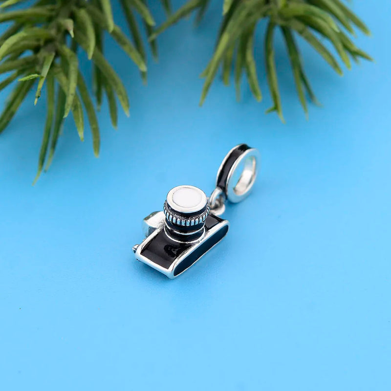 925 Sterling Silver Enamel Camera Pendant Bead Women Berloque