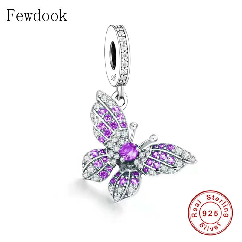 925 Silver Butterfly Purple Zircon Charm Bracelet Bead