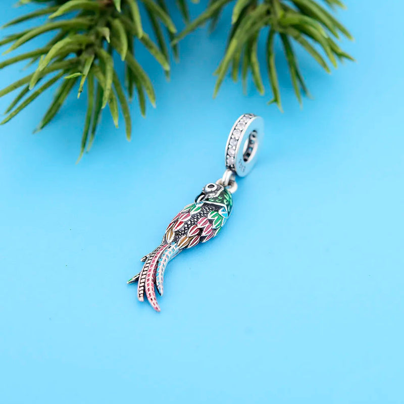 925 Silver Green Pink Parrot Bird Charm Bracelet Bead