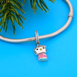 925 Silver Love Cat Pink Enamel Dress Bead Charm Bracelet