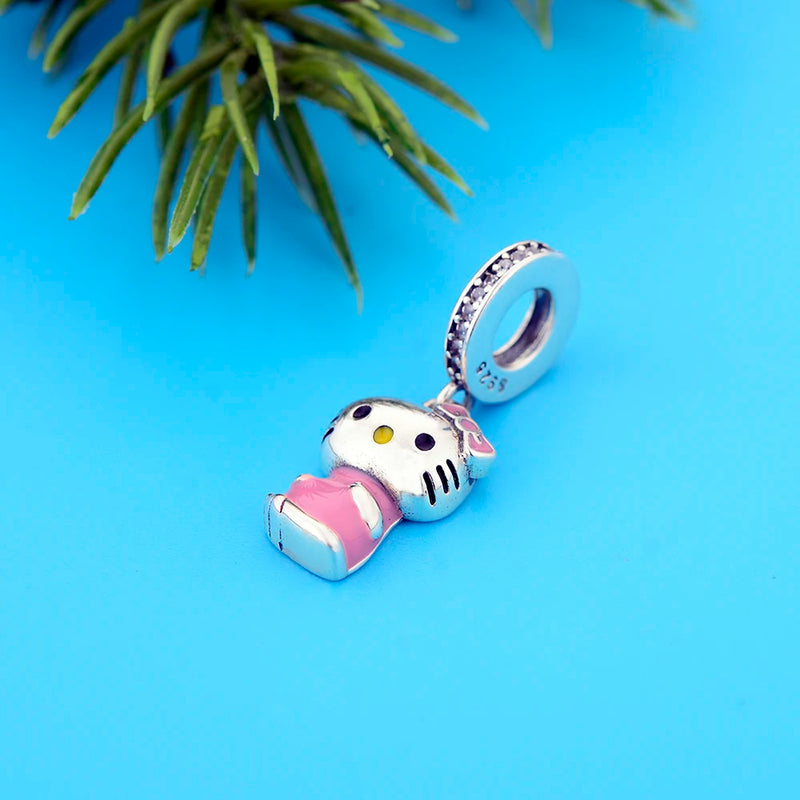925 Silver Love Cat Pink Enamel Dress Bead Charm Bracelet