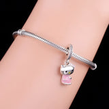 925 Silver Love Cat Pink Enamel Dress Bead Charm Bracelet