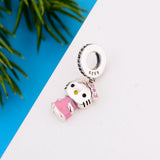 925 Silver Love Cat Pink Enamel Dress Bead Charm Bracelet