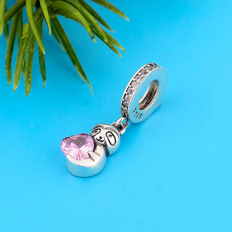 925 Sterling Silver Monkey Sloth Hug Pink Heart Beads Charm Bracelet