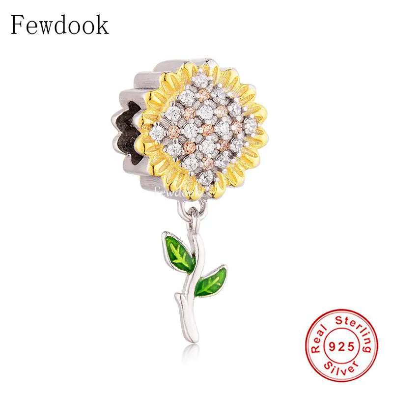 925 Silver Plate Sunflower Yellow Zircon Bead Charm Bracelet DIY