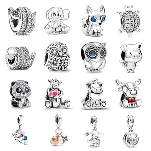 925 Silver Charms Bracelet with Owl Elephant Dangle Beads DIY Jewelry