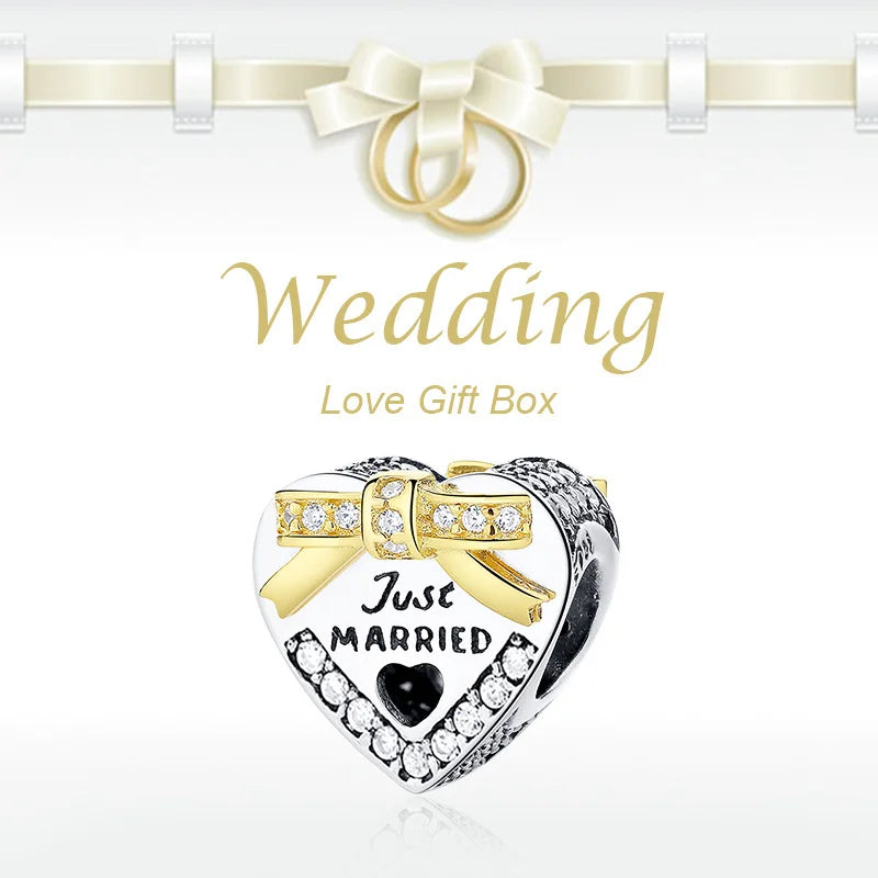 925 Silver Just Married Heart Bead Charm for European Charm Bracelet