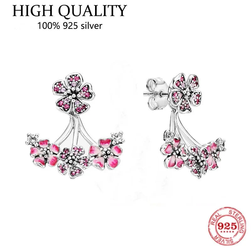 925 Sterling Silver Pink Peach Blossom Earrings Wedding Jewelry