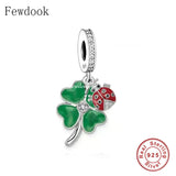 925 Silver Good Luck Four Leaf Clover Ladybug Bead Bracelet Charm