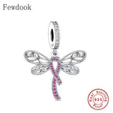 925 Silver Dragonfly Pink Ribbon Breast Cancer Bead Bracelet Charm