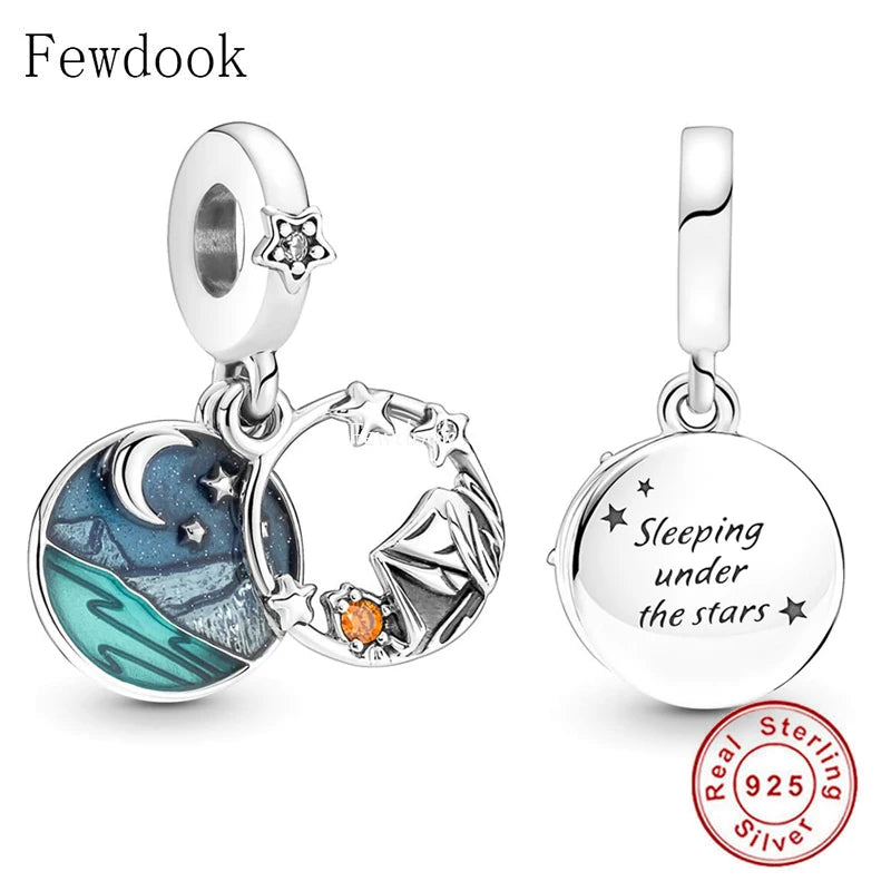 925 Silver Pan Charm Bracelet Outdoor Travel Tent Moon Star Sky Bead