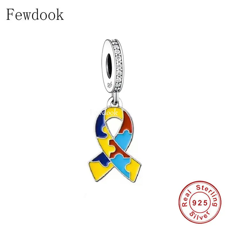 925 Silver Rainbow Puzzle Autism Ribbon Charm Bracelet Bead
