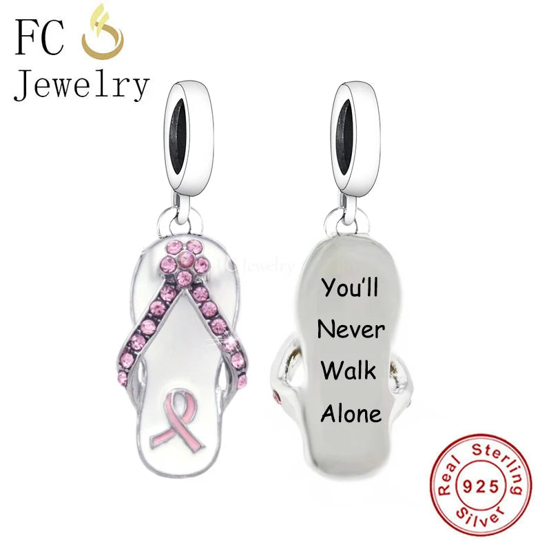 925 Silver Pink Ribbon Breast Cancer Flip Flop Bead Bracelet