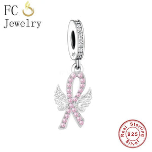 925 Silver Angel Wings Pink Ribbon Breast Cancer Bead