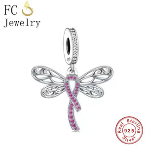 925 Silver Celtic Knot Dragonfly Pink Ribbon Breast Cancer Charm for Bracelet