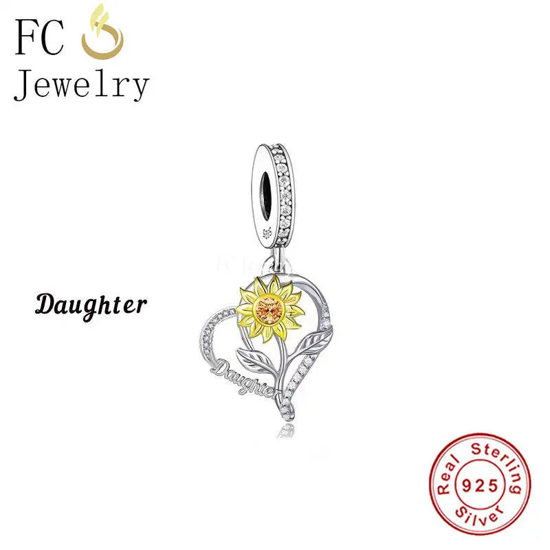 925 Sterling Silver Daughter Sunflower Heart Bead Bracelet Charm