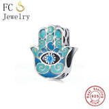 925 Silver Pan Charms Bracelet Hasma Palm Hand & Fatima Evil Eye Bead