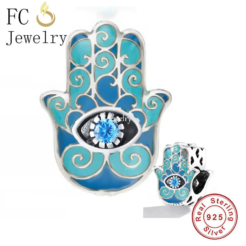 925 Silver Pan Charms Bracelet Hasma Palm Hand & Fatima Evil Eye Bead