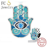 925 Silver Pan Charms Bracelet Hasma Palm Hand & Fatima Evil Eye Bead