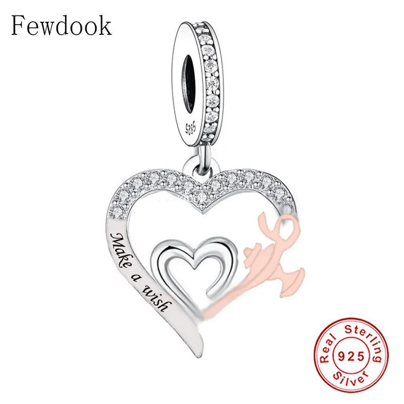 Sterling Silver Pan Charms Bracelet Make A Wish Love Heart Bead