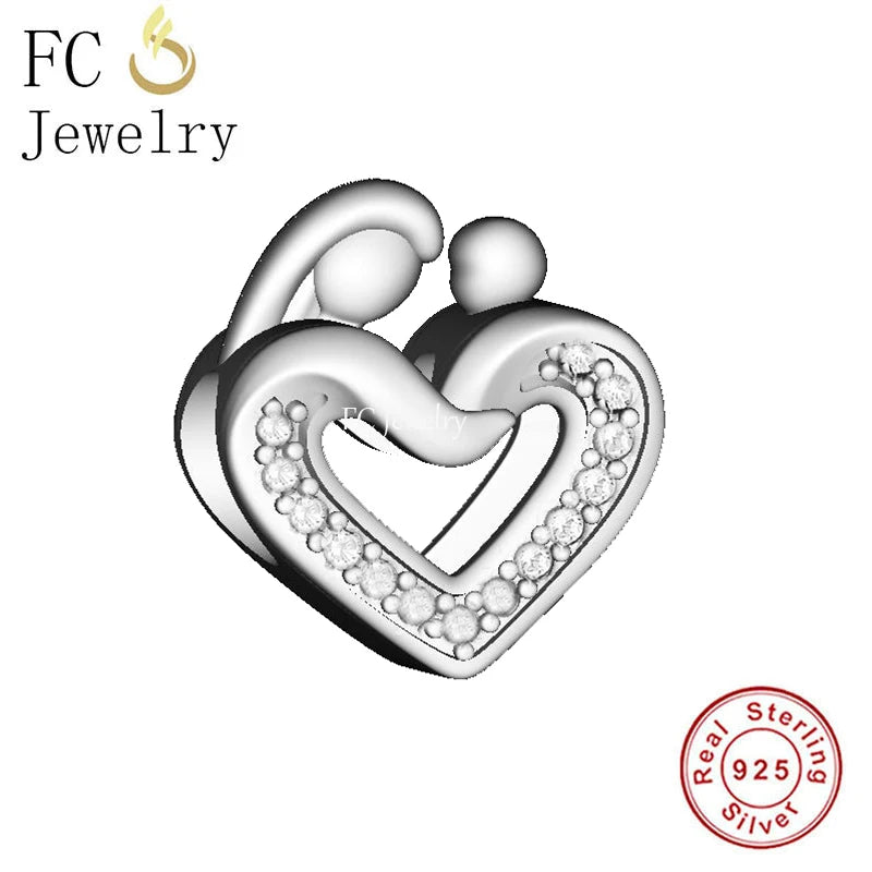 925 Silver Mother & Baby Hand In Hand Love Heart Bead Charm Bracelet