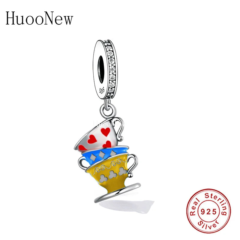 925 Silver Poker Square Love Heart Tea Cup Bead Charm Bracelet