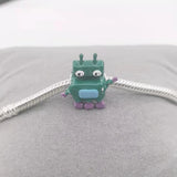 925 Silver Robot Bead Bracelet Charm Green Purple Enamel