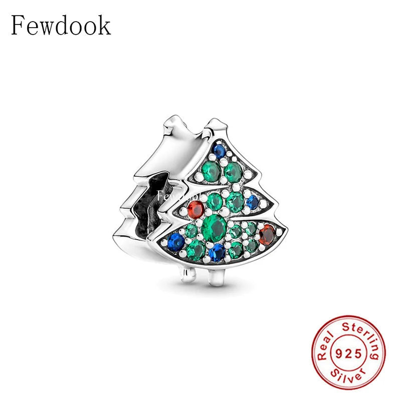 925 Silver Christmas Tree Green Bead Pan Charms Bracelet