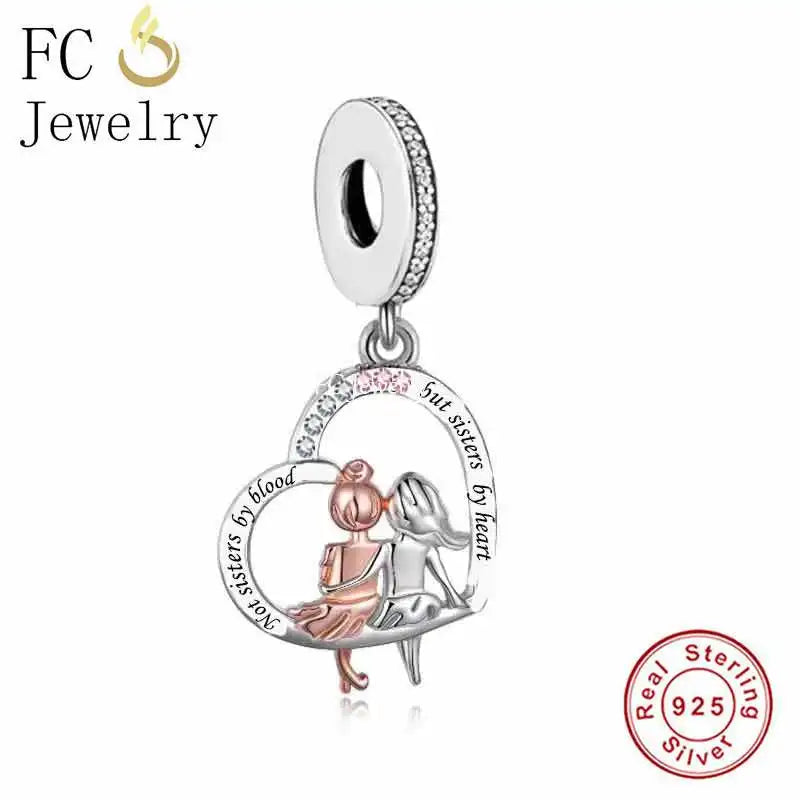 925 Silver Sisters By Heart Bead for Charm Bracelet DIY