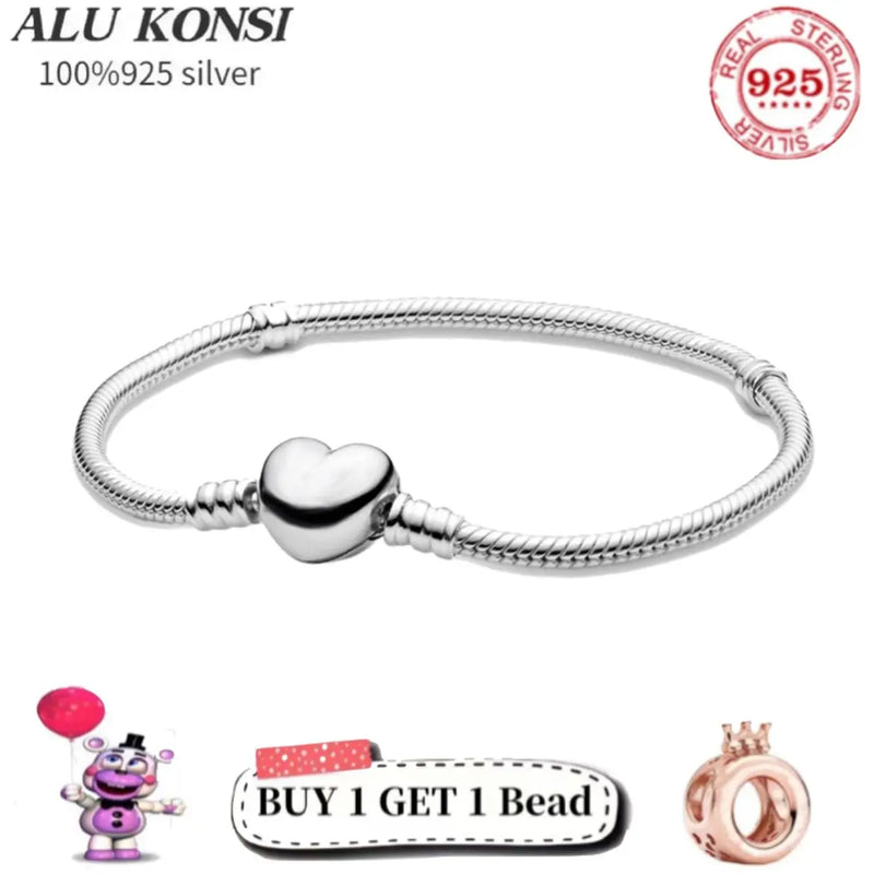 925 Silver Pan Bracelet Love Heart Snake Chain Bangle For Women