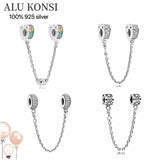 925 Silver Heart Charm Bracelet with Crystal Bead Safety Chain for DIY Jewelry