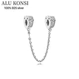 925 Silver Heart Charm Bracelet with Crystal Bead Safety Chain for DIY Jewelry
