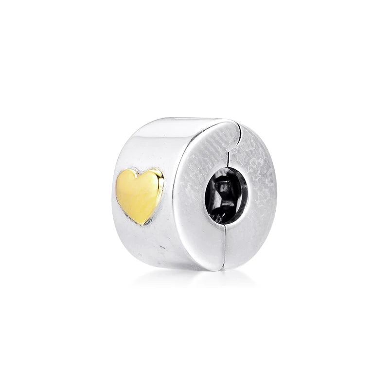 925 Silver Heart Clip Charms with 14K for Woman Bracelets Beads