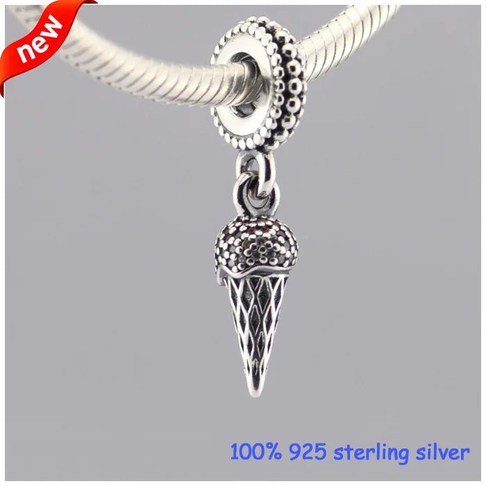 Ice Cream Silver Charm With Red CZ 925 Sterling Silver Bead