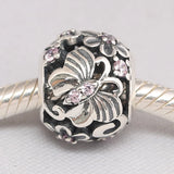 925 Sterling Silver Butterfly Charm Pink CZ Bead Necklace DIY Jewelry