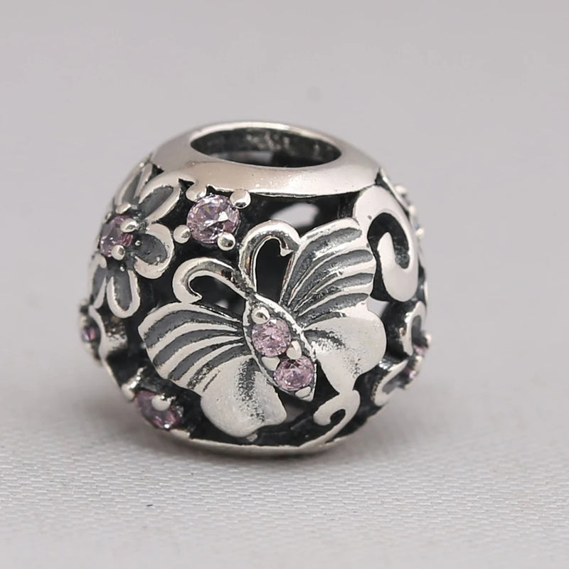925 Sterling Silver Butterfly Charm Pink CZ Bead Necklace DIY Jewelry