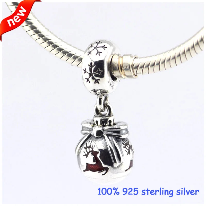 Christmas Ornament Silver Charms Red Enamel 925 Sterling Silver Beads