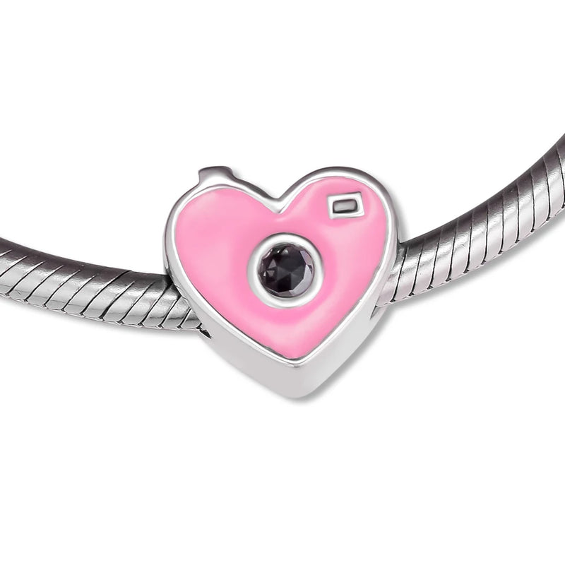 925 Silver Camera Heart Charm with Pink Enamel & CZ Beads