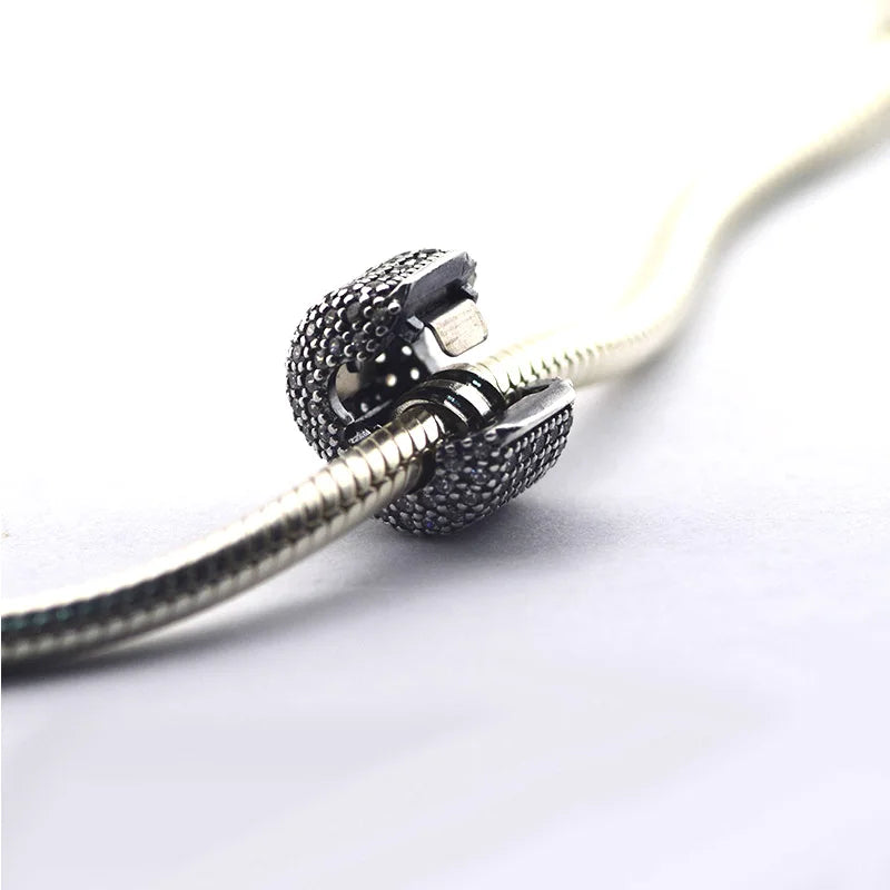 925 Silver Pave Barrel Clip Beads for Charm Bracelets