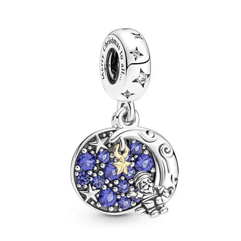 925 Sterling Silver Santa Claus on the Moon Double Dangle Beads