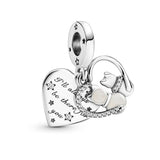 925 Silver Cats & Hearts Dangle Charm CZ Bead for Jewelry Making