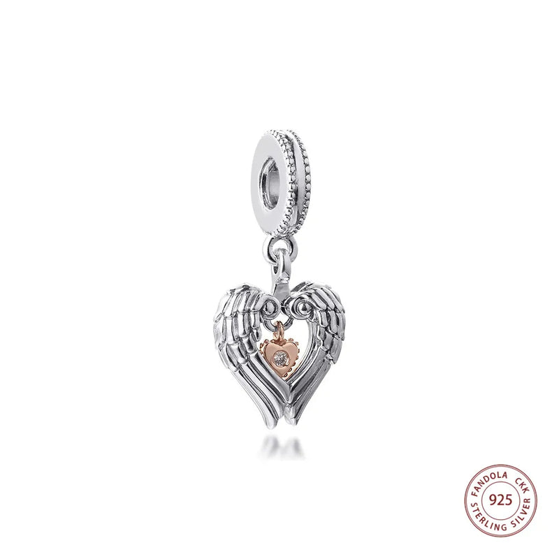 925 Silver Club Angel Wings & Heart Charms Beads DIY Jewelry